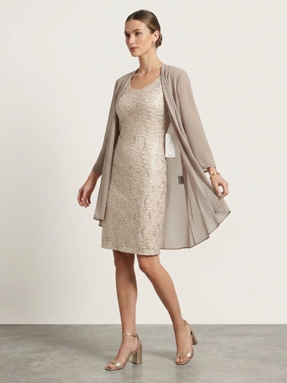 Mushroom Taupe Sequin Lace Dress Duster Set Y2K Deadstock Vintage XS